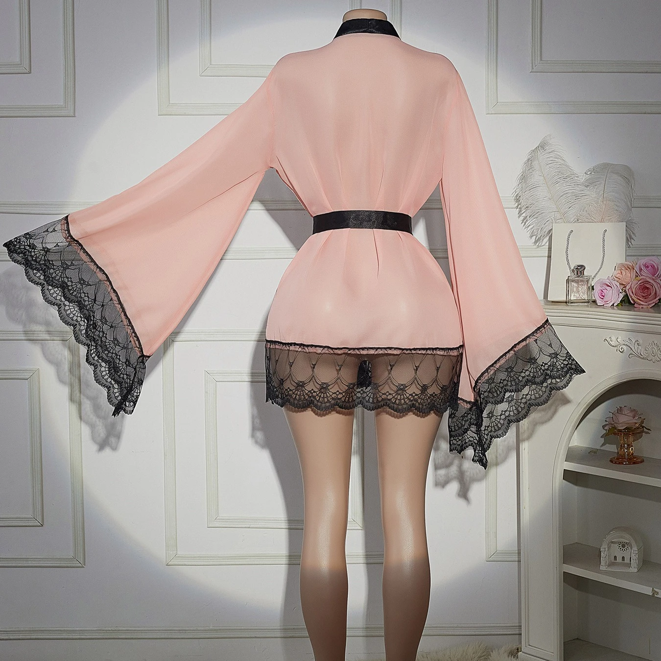 Pink Black Contrast Trim Sheer Mesh Bell Sleeve Short Kimono Robe Belted Bathrobe Women Charming Lounge Erotic Apparel