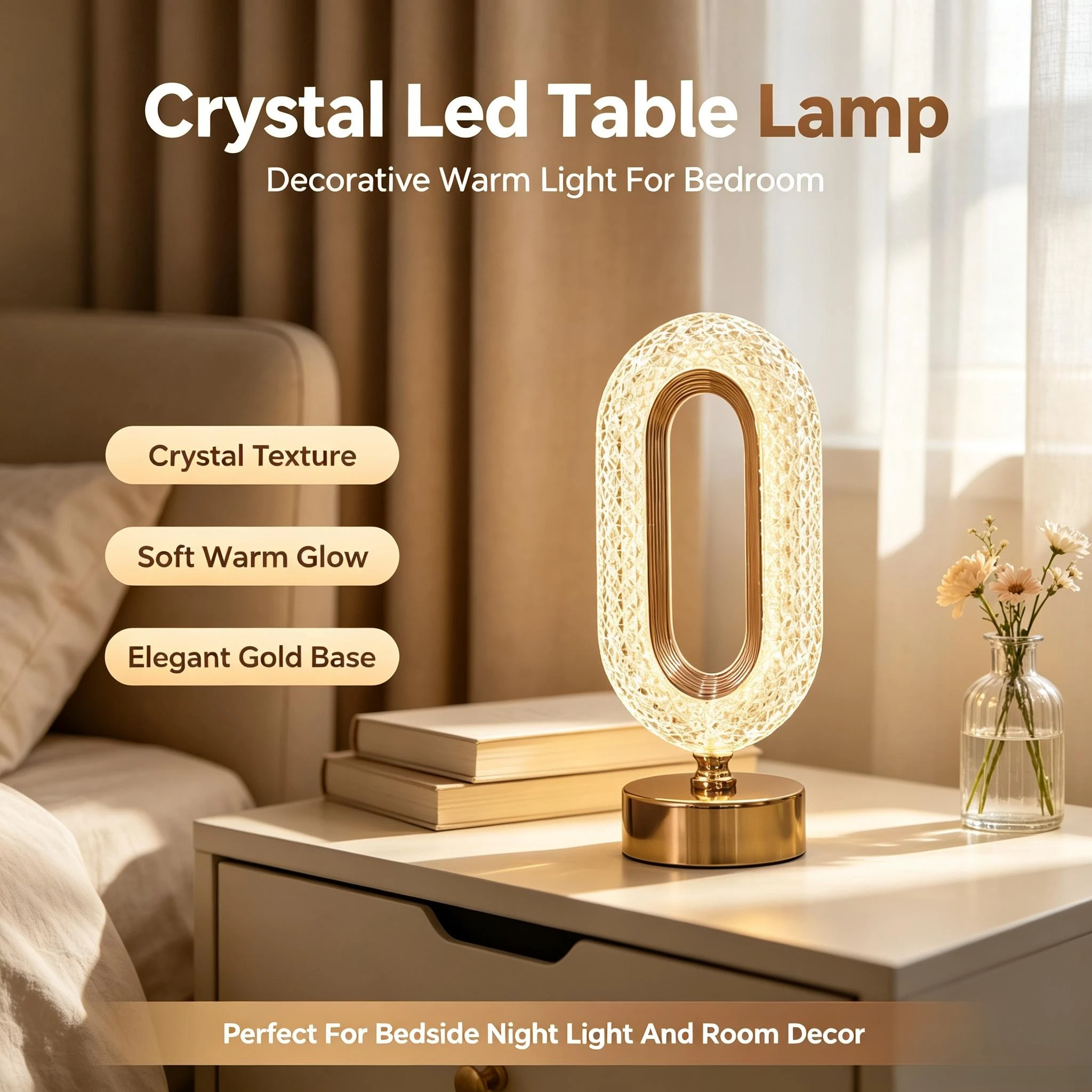 Lampada da Tavolo Decorativa a LED in Cristallo con Base in Metallo Dorato, Batteria da 400mAh, 26Lm, Luce Morbida per Decorazione da Scrivania, Lampada da Comodino, Regalo per Inaugurazione Casa o