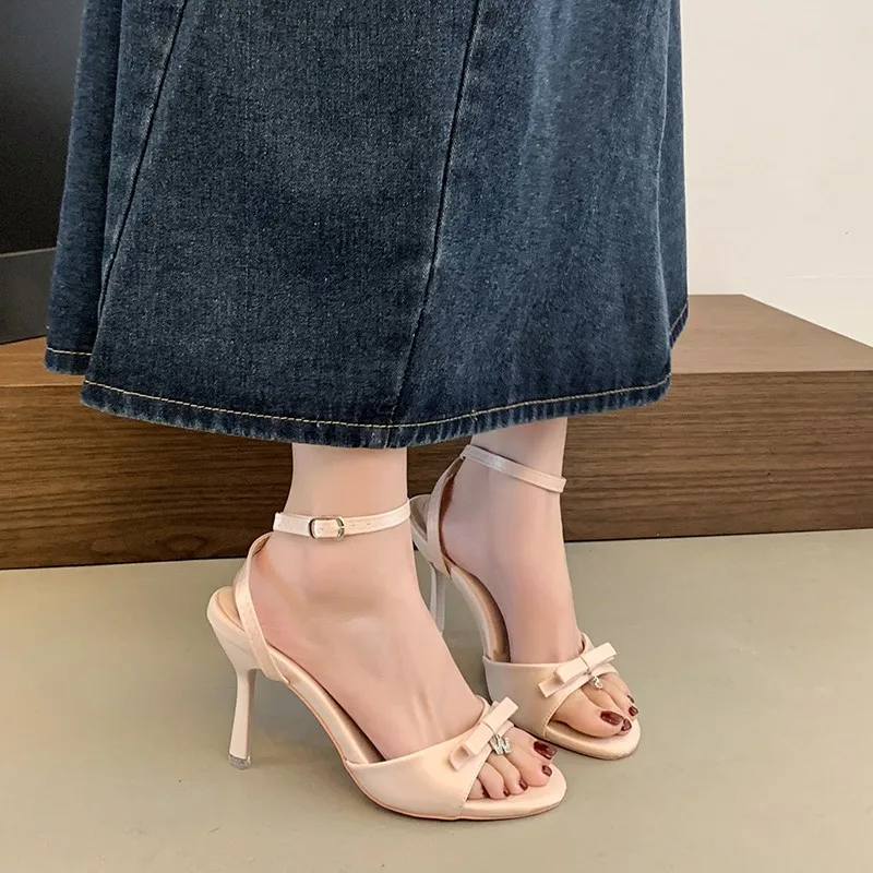 

New Sexy Bow Slingback Stiletto High Heel Sandals Sexy Fashion Women Open Toe Ankle Buckle Sandals Lady Dress Luxury Pink Shoes