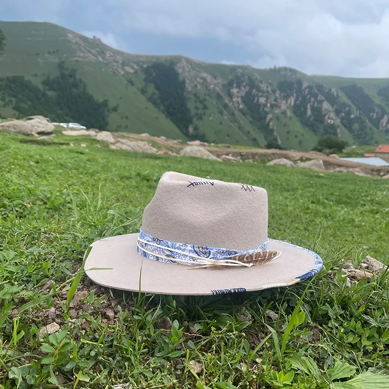 100% Wool Western Fedora Hat - Braided & Feather Trim Felted Jazz Cap for Men & Women | Autumn Winter