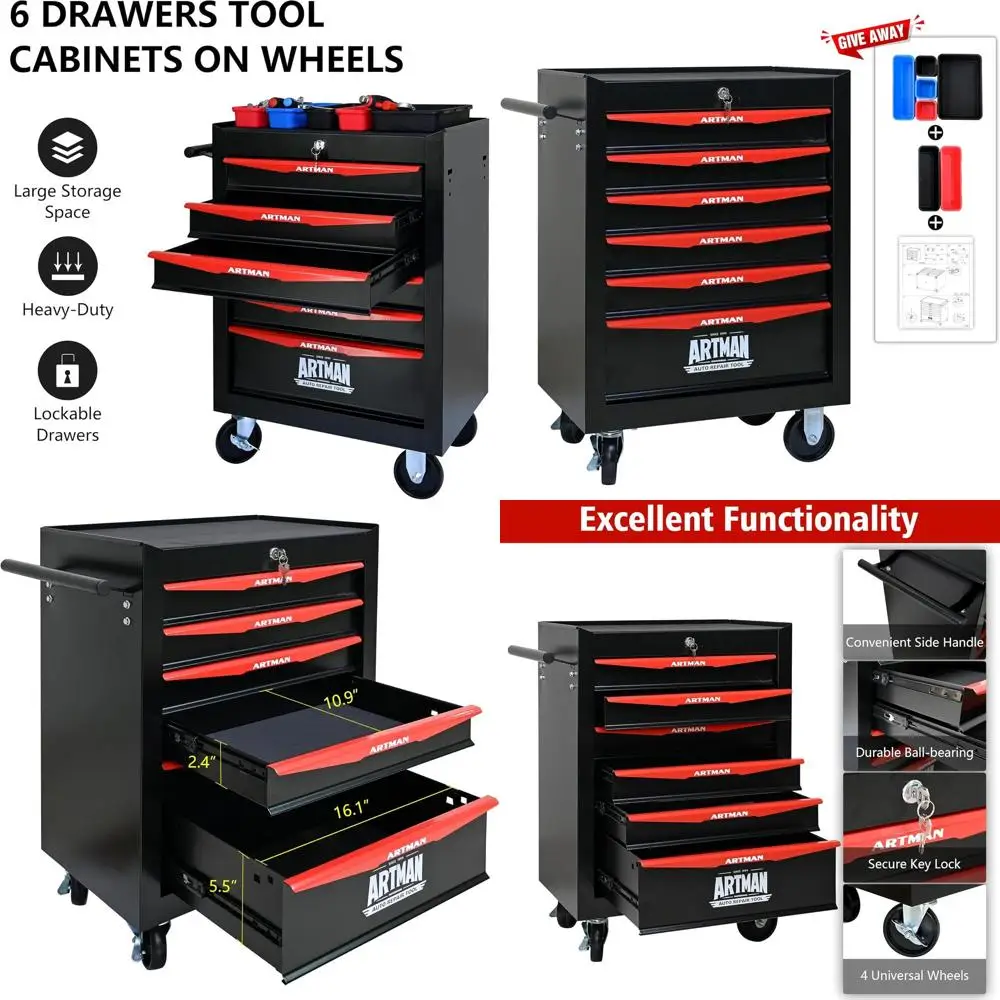 

Сверхмощный 20-красный мобильный ящик для инструментов черного и красного цвета с 6 ящиками, запираемым стальным шкафом, направляющими на шарикоподшипниках и тормозами для Garag