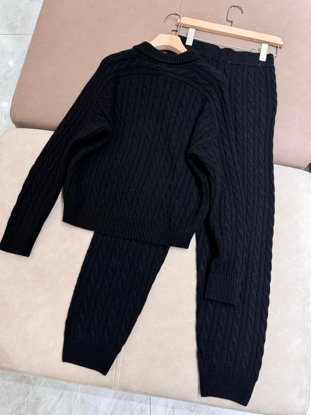 Autumn casual solid color twisted knitted 100% cashmere set of clothes