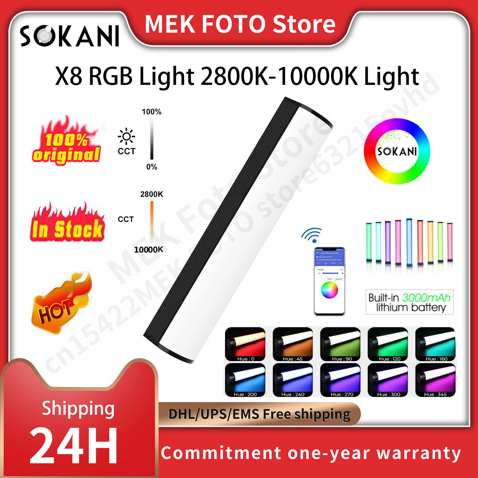 SOKANI X8 RGB Light 2800K-10000K Portable Handheld Tube Stick CTT Photography Lighting 3000mAh Wireless Remote Control Lamp