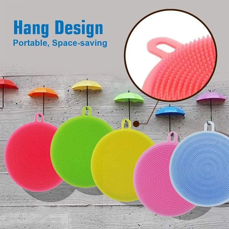 6Pcs Soft Silicone Scouring Pad Washing Sponge Reusable Kitchen Cleaning Dishwashing Brush Fruit Vegetable Brushes Table Mat