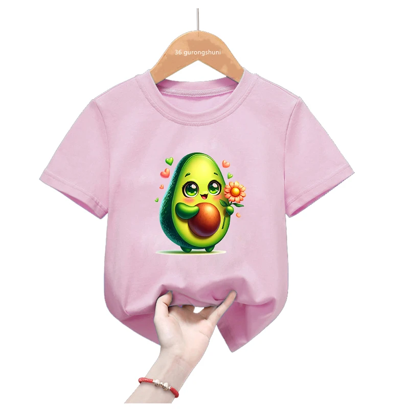 

Avocado Love Bow Printed Pink Tshirt Girls/Boys Harajuku Kawaii Kids Clothes Summer Short Sleeve T-Shirt