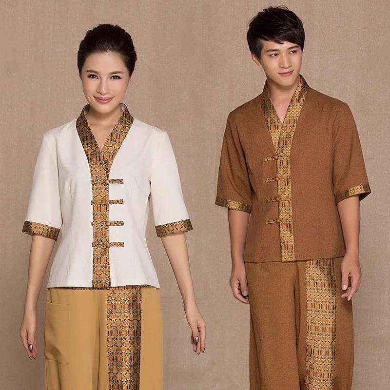 Men Women Thai Spa Massage Uniform Beauty Salon Beautician Work Clothes Foot Bath Health Technician Thailand Tops Trousers Pants