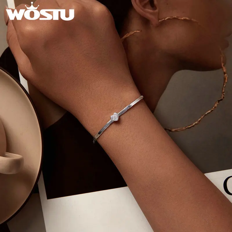WOSTU 925 Sterling Silver Shining Heart Bracelet with Zircon Original Fine Jewelry for Women Party Wedding Romantic Gift