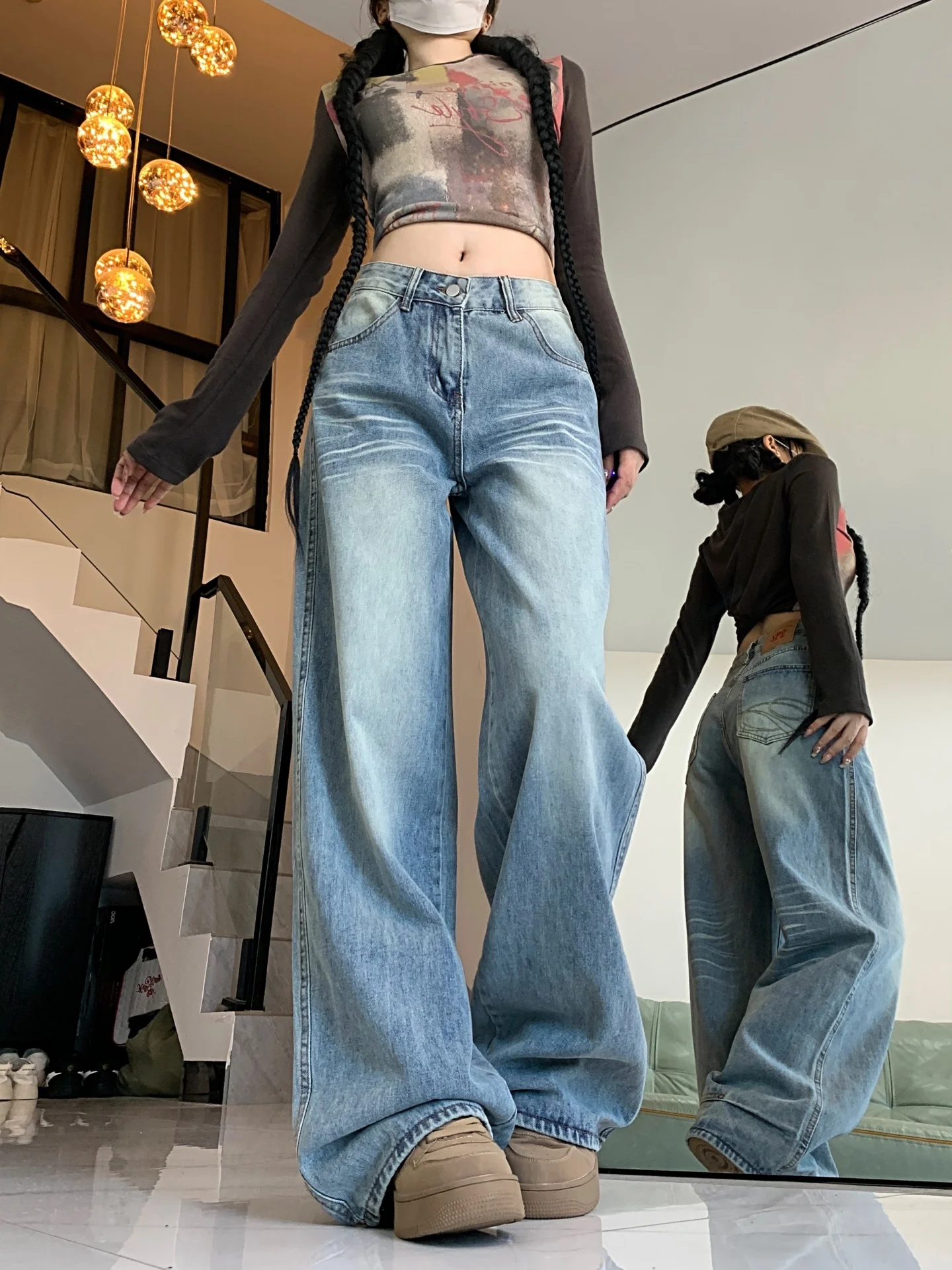 Celana Jeans Denim Retro Amerika Pinggang Tinggi Model Lurus dan Lebar untuk Wanita Ukuran Plus, Longgar, Meniruskan, Celana Musim Gugur