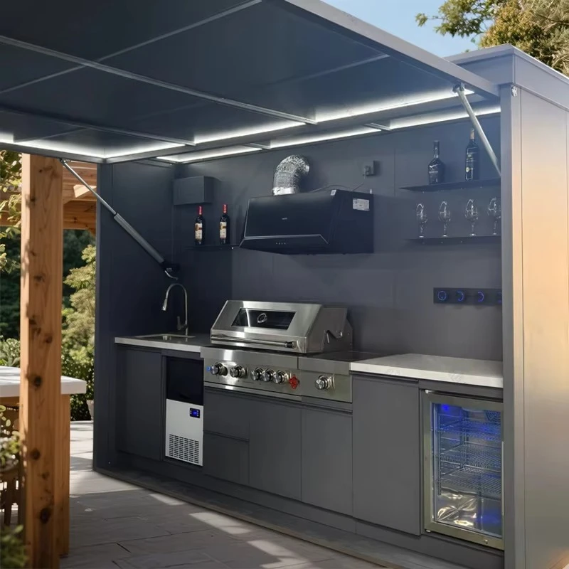 Stainless Steel 304 Outdoor Kitchen Island With Motorized Lift Up Roof And Built In Sink Fridge Grill For Patio Garden