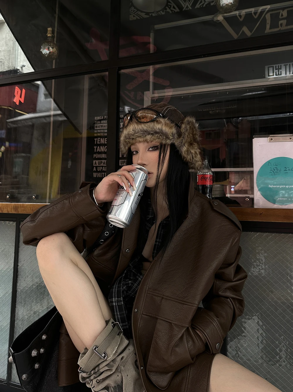 Marrom retro motocicleta jaet feminino fadable versátil jaet casaco picante menina rua sle longo sve solto ajuste de couro