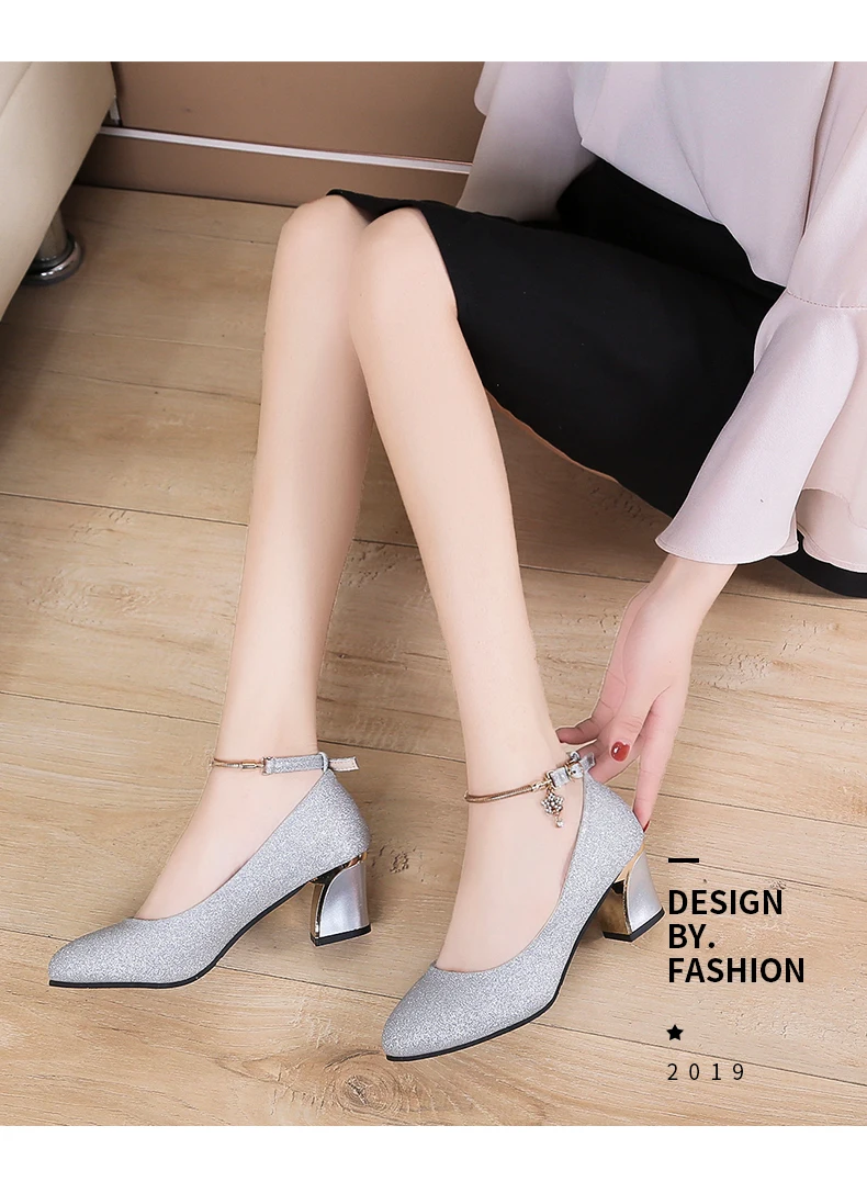 Women Wedding High Heel Shoes Silver Blue Spring Ankle Strap Crystal Shallow Chunky Block Heel Pumps Lady Plus Size