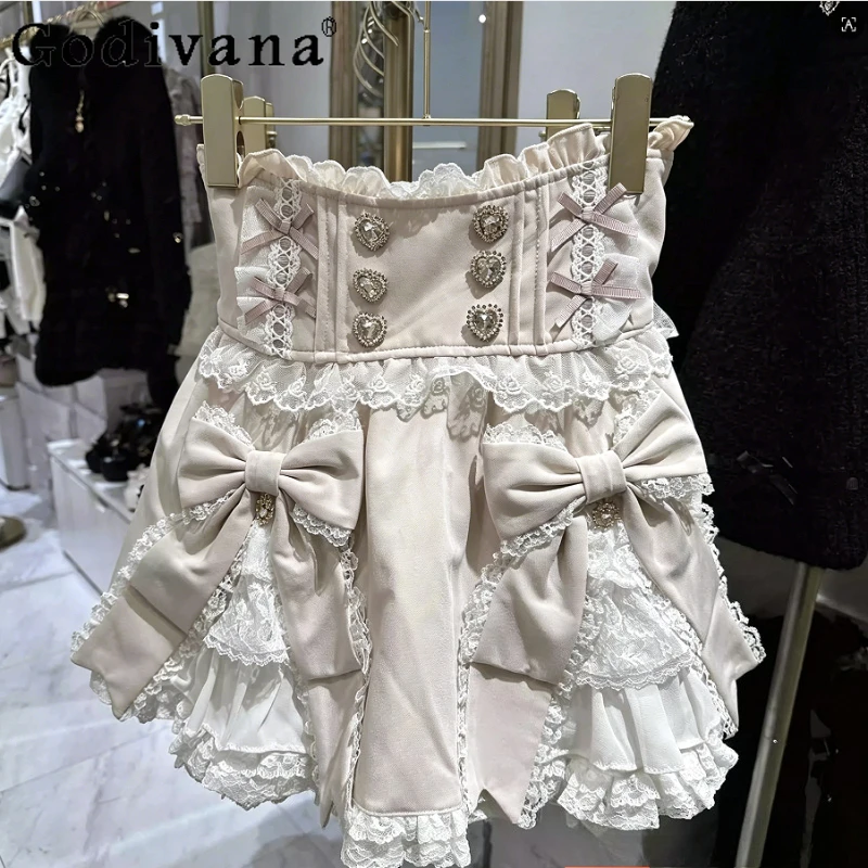 

Japanese Liz Sweet Lolita Pink Skirts Spring Summer Kawaii Girls Sweet Cute Bow Lace Stitching Short Skirts Large Size Skirts