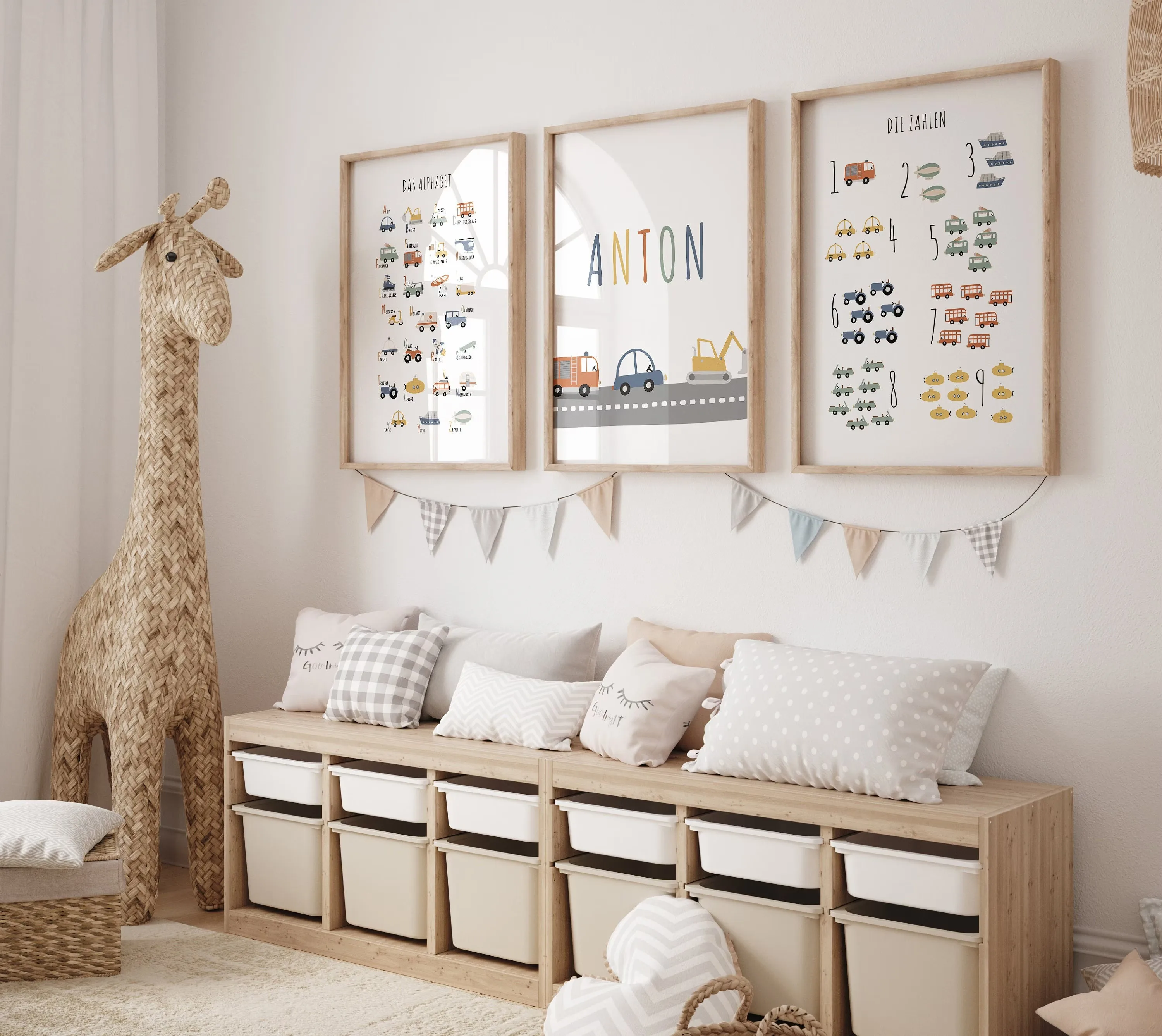 3pcs/set of Custom Name & ABC Vehicle Nursery Canvas Printing Numbers Letters Educational Wall Art Posters for Boys Home Decor