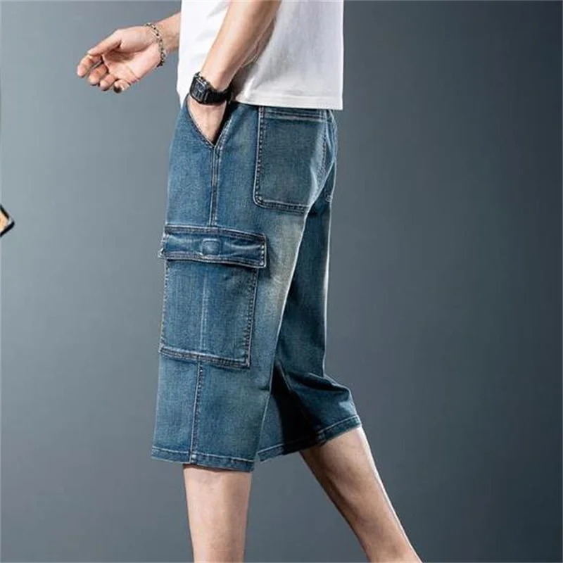 Large-size Men's Multi-pocket Workwear Cropped Pants, Vintage Summer Denim Shorts