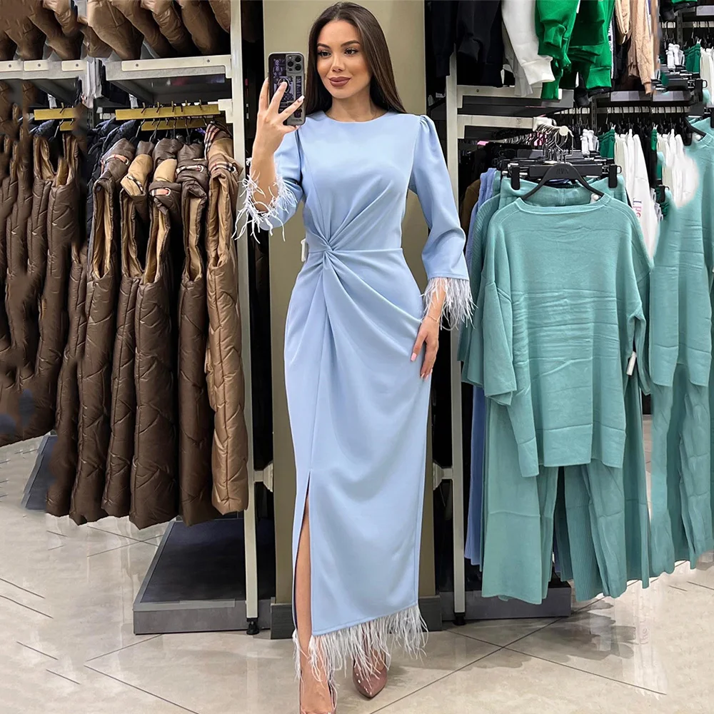 

Long Sleeve Feathers Pleat Prom Gown Exquisite Straight Round Neck Evening Dresses Ankle-Length Party Dress فساتين الحفلات