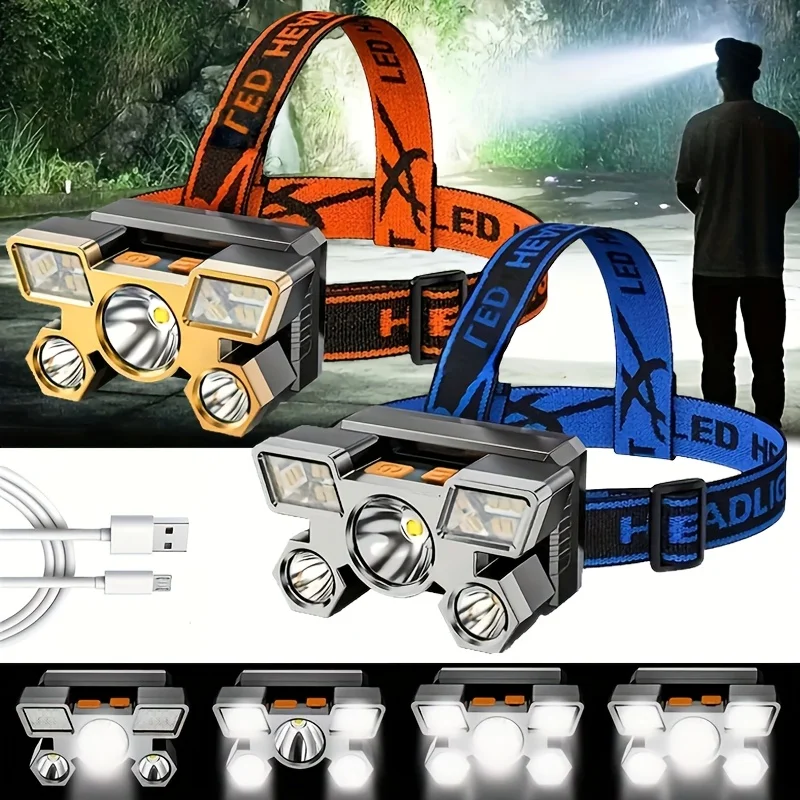 

5*LED High Power Headlamp, Super Bright Rechargeable Fishing Camping Light, Long Distance Head Mounted Mining Lamp, Flashlight
