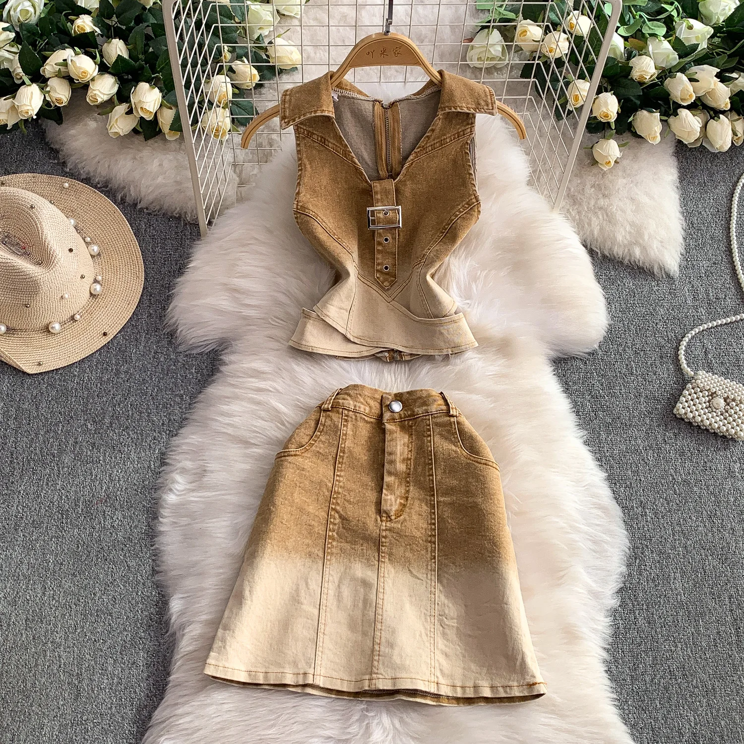 Feminino denim hotsweet define v cruz camis topo hit cor saia terno 2 pçs ins chique festival festa de aniversário feriado punk hippie terno