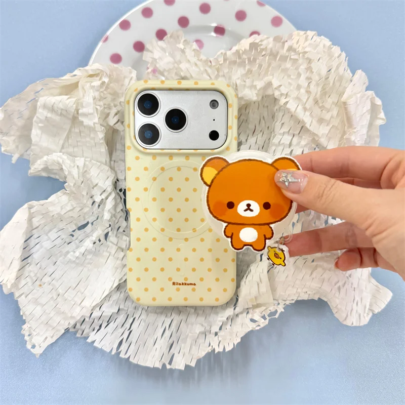 Kawaii Polka Dot Print Magnetic Phone Case For iPhone 15 16 17 Pro Max Milky Yellow Matte Shell Simple Dot Stand For Magsafe