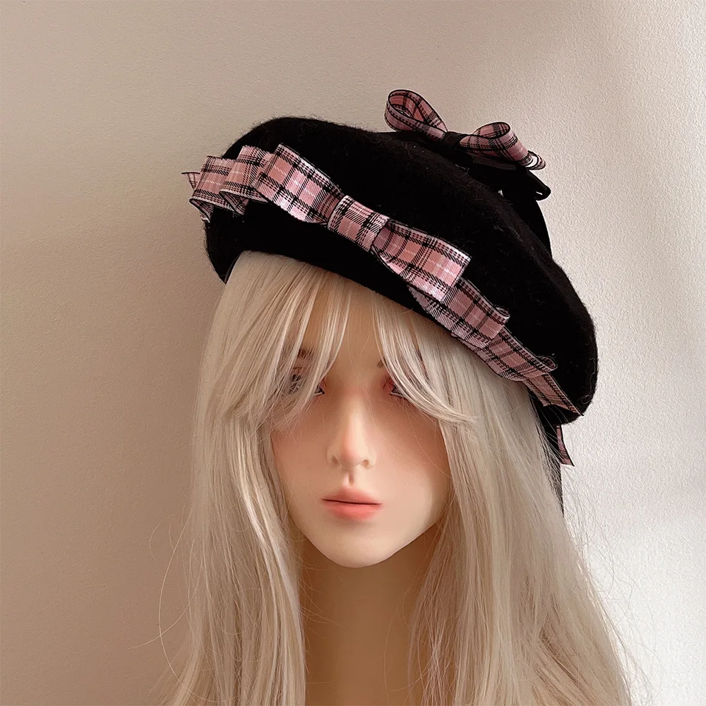 

JK Wind Beret Year New Sweet Cool Fashion Retro Big Bow Plaid Painter Hat Female Winter Cute