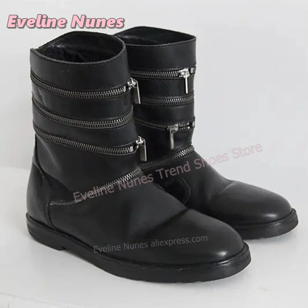 Black Multi Metal Zipper Ankle Boots Round Toe Chunky Heel Goth Punk Streetwear Daily Walking Club Party Fashion Shoes New Trend