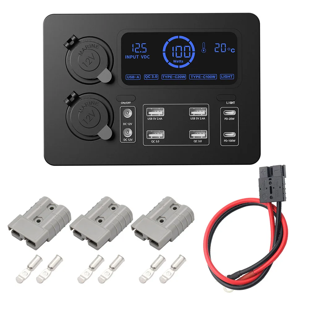 LCD Display Power Box Adapter Mini Power Box Portable Control Hub with LED Lights 100W 12V with LED Lights for RVs, SUVs, Boats