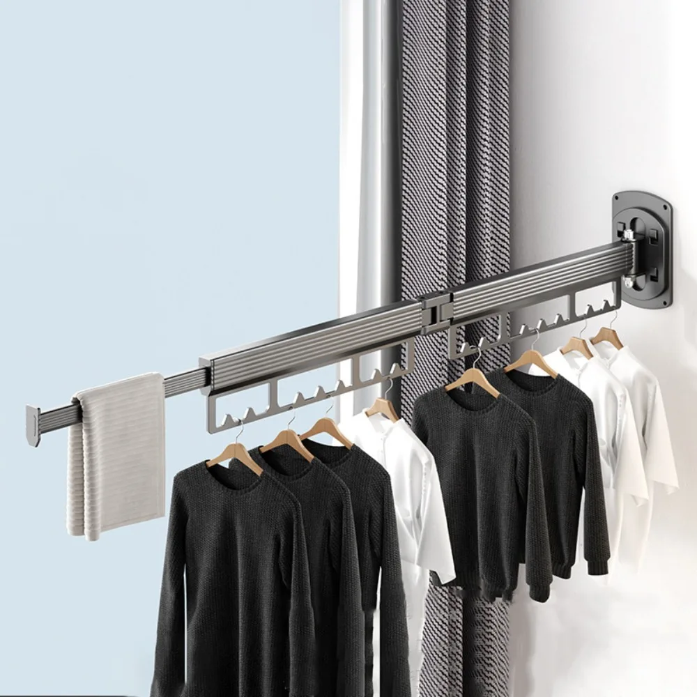 

Space Aluminum Folding Clothes Hanger Wall Mount Retractable Cloth Drying Rack Rotatable Folding Clothes Pole Laundry