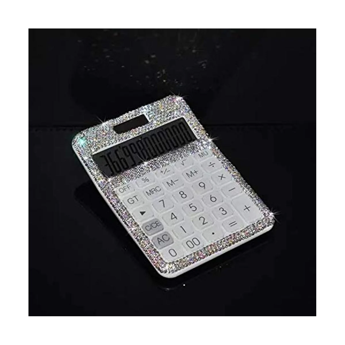 Rhinestone Crystal Dazzling 12 Digit Solar and Battery Dual Power ,LCD Display Calculator for Office, School White