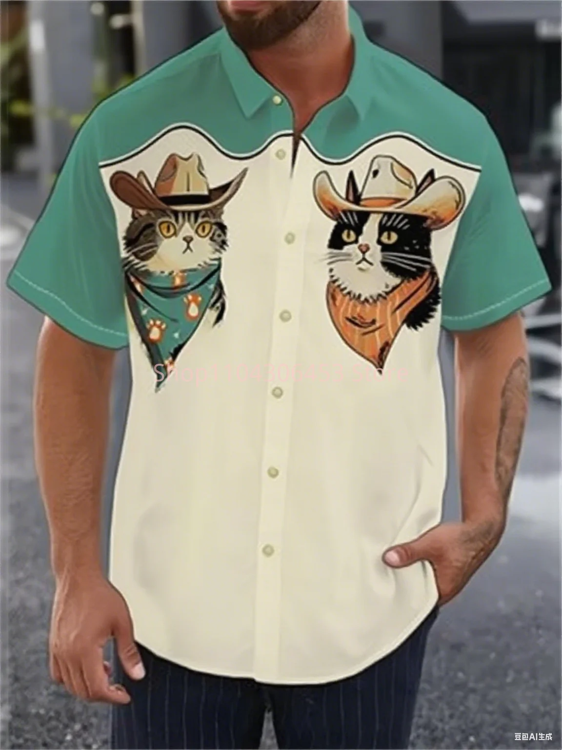 

Men's Western denim tough guy style 3D printed shirt retro simple multicolor short-sleeved lapel loose large-size shirt outdoor