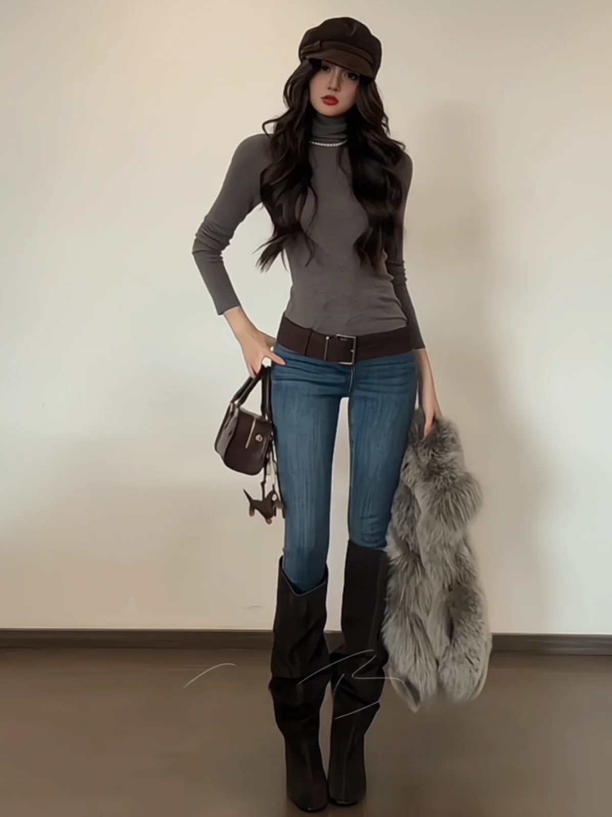 

Retro High Waist Slim Fit Jeans Korean Sle Body ape Highlighting Waed Cotton Elastic Ladies Winter Faion