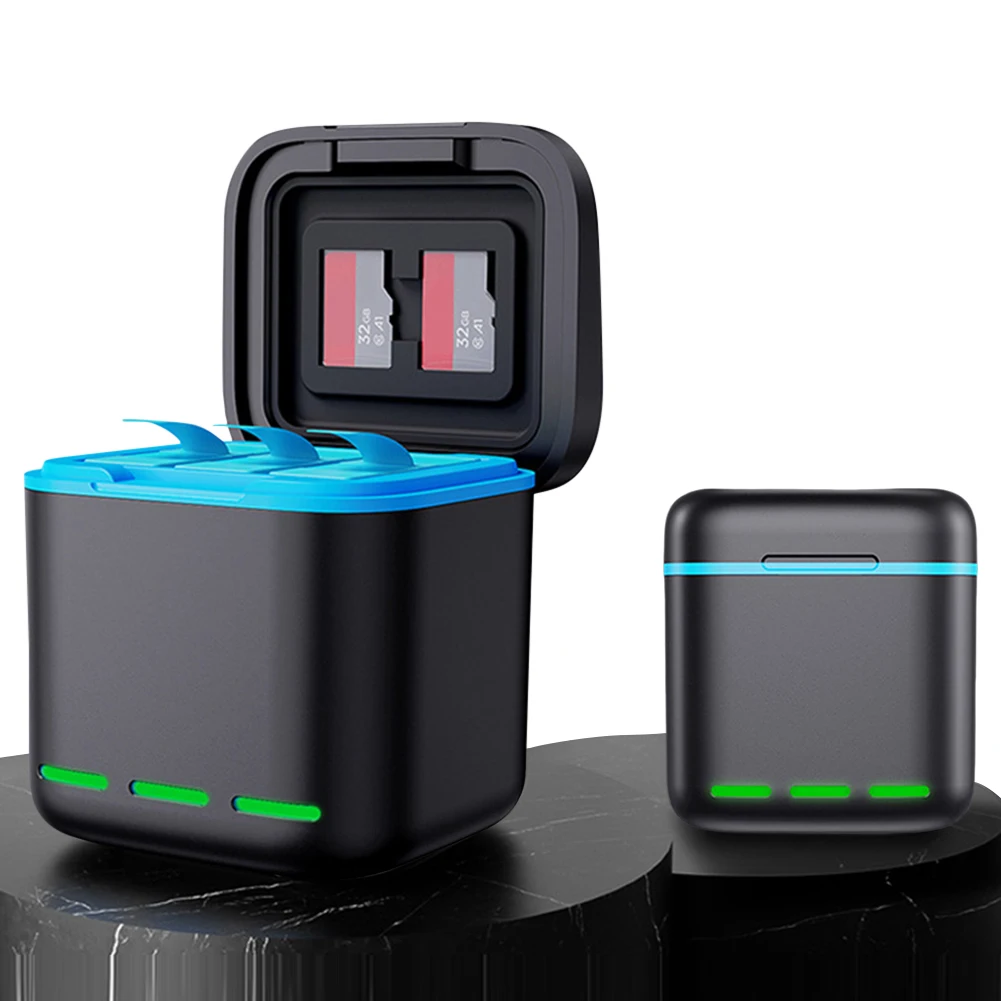 

3-канальное зарядное устройство для аккумуляторов с кабелем Type-C, кейс для хранения батарей, 2 слота SD для GoPro Hero 12 11 10 9