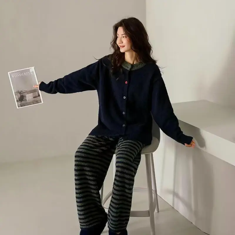 

Women's Striped Half-Pile Hooded Pajamas Autumn Winter Sleepwear Plus Size Girl's Students Homewear Loungewear New Sleepcoat