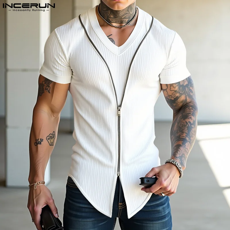 Magliette a maniche corte Tee Moda Cerniera T-shirt da uomo Tinta unita Top irregolari INCERUN Scollo a V 2025 Party Streetwear T-shirt oversize