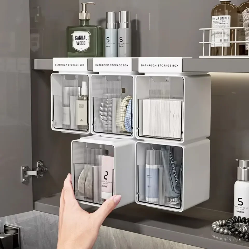 Clear Bathroom Pull-Out Storage Box for Cotton Swabs & Pads No-drill Drawer Style Organizer Under Mirror Cabinet Storage Box