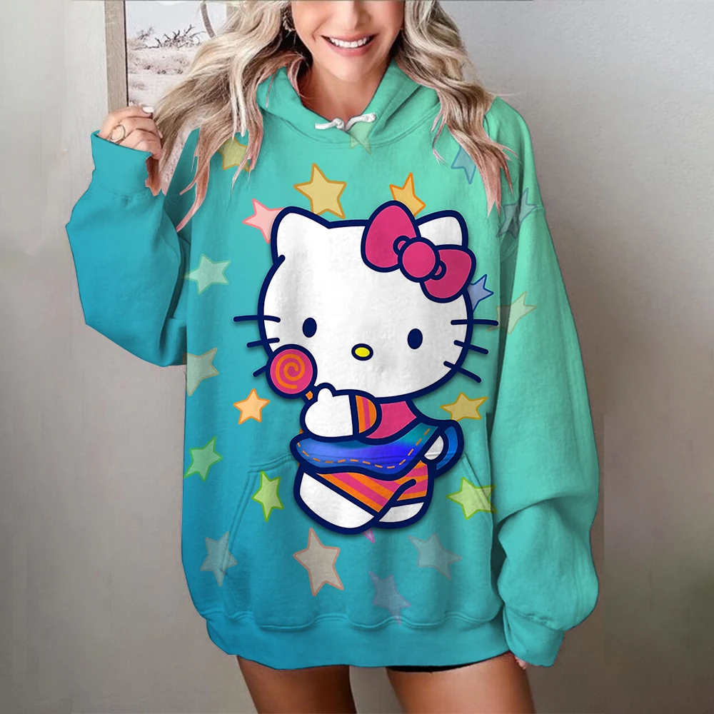 Autumn Winter Hello Kitty print Hoodies Women Harajuku Cartoon Print Sweatshirts Wild Pockets Hooded Pullovers