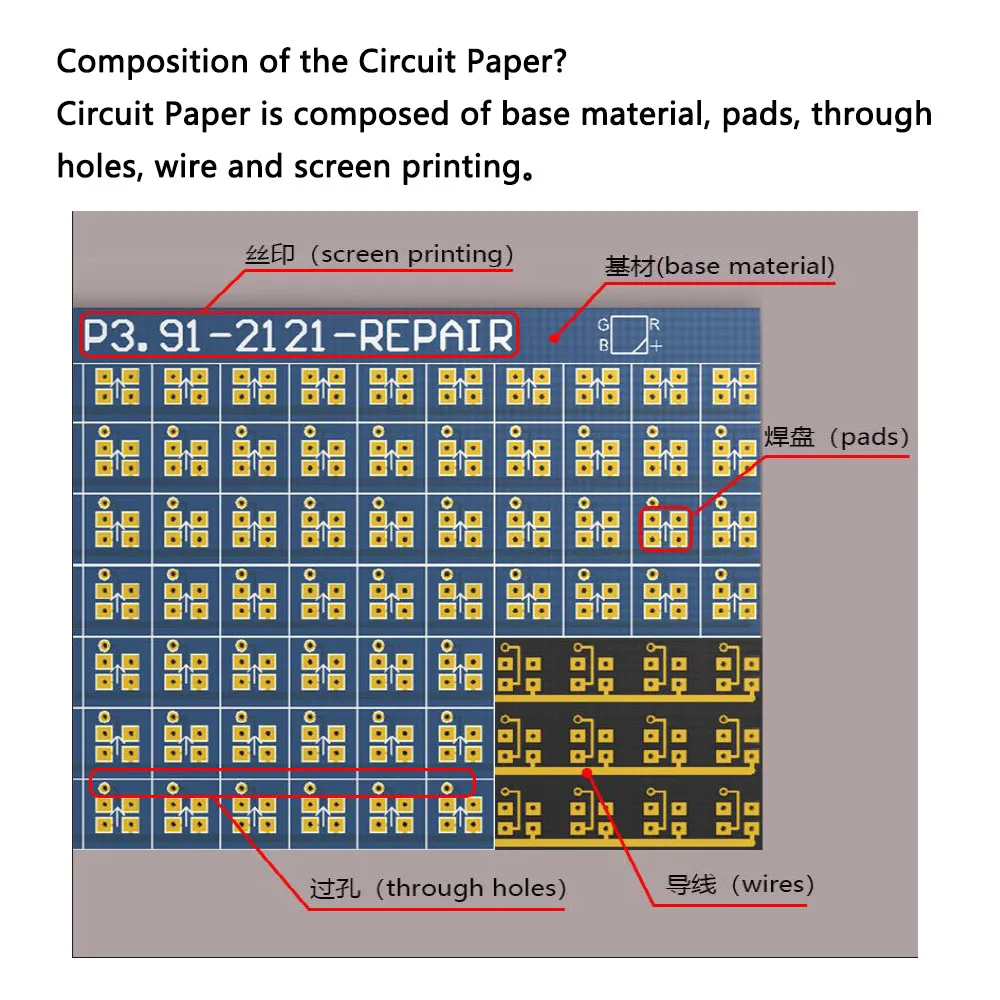 P3.91-1921-2121(VL) 회로 용지, 일반적인 수직 램프, 손상된 PCB 패드 수리용, 120x125mm