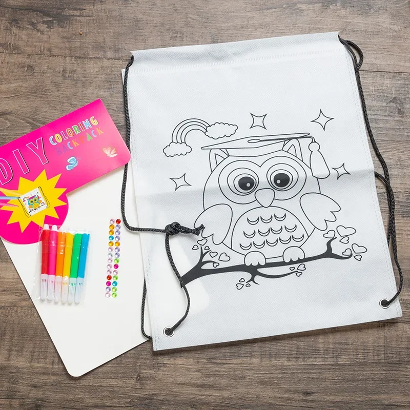 Cartoon DIY Hand-Painted Coloring Graffiti Painted Non-Woven Bag for Children Handmade Gift Bag Toy with Tool Random 1 Set