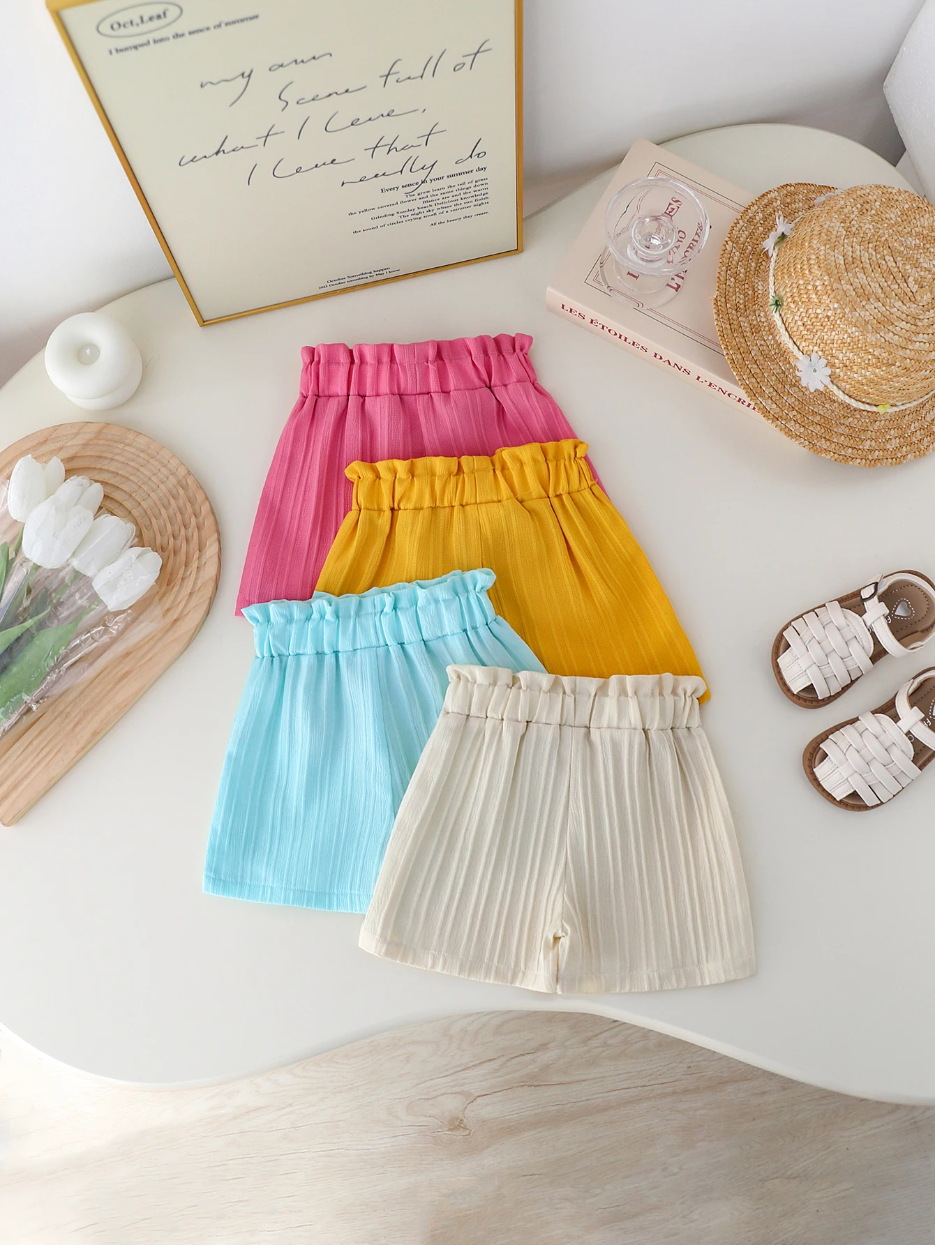 JOPGEEY Baby Girls' Four-Piece Set Casual Fashion Pure Color Bowknot Decoration Short Pants Ensemble