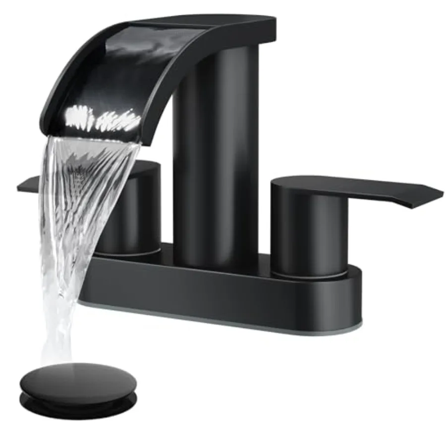 

4 Inch Centerset Waterfall Bathroom Sink Faucet Deck Mount 2 Handle Basin Faucets 2 or 3 Hole with Pop Up Drain Included Lavato