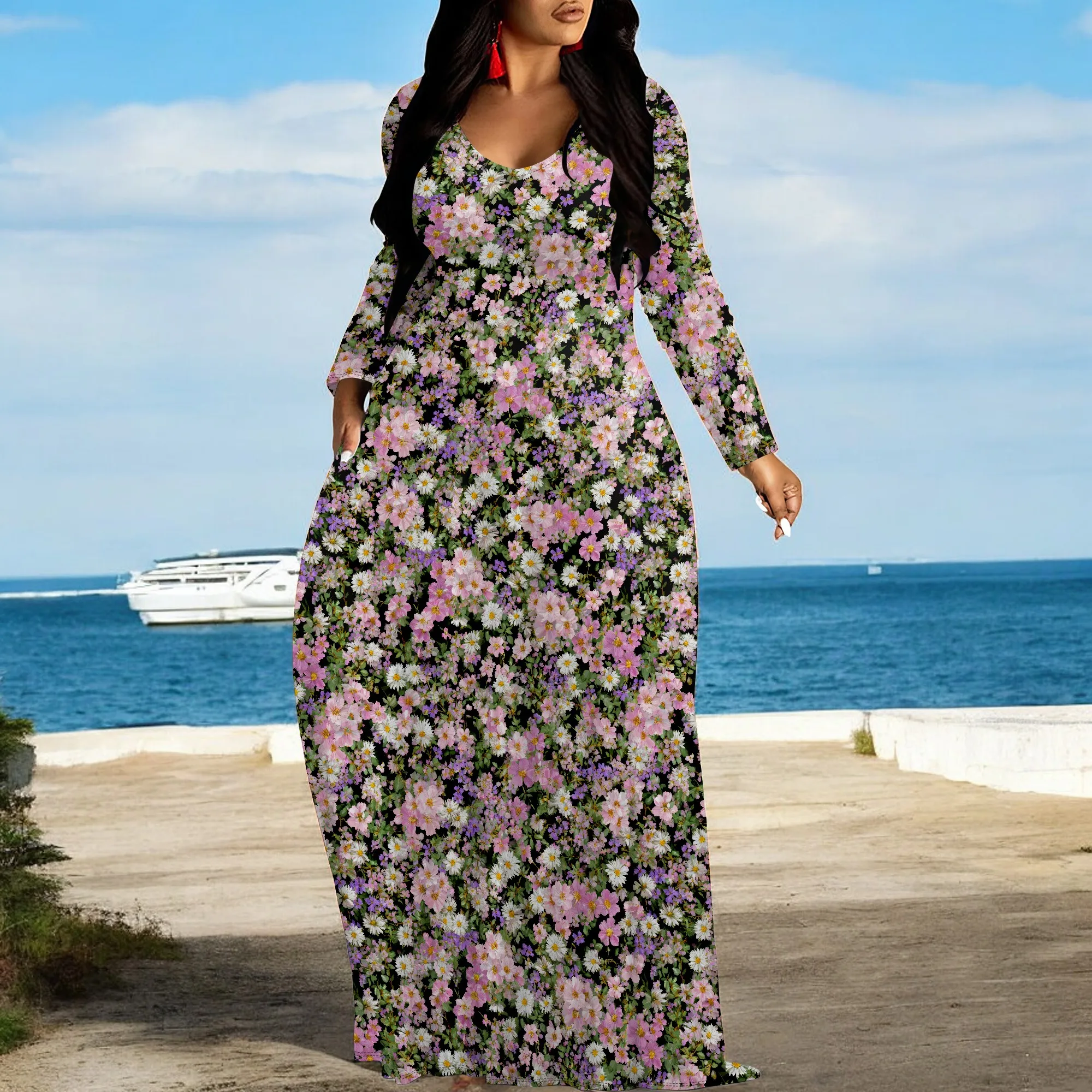 Women's V Neck Maxi Dress Ruffles Full Sleeve Floral Dresses Wedding Guest Sundress with Belt