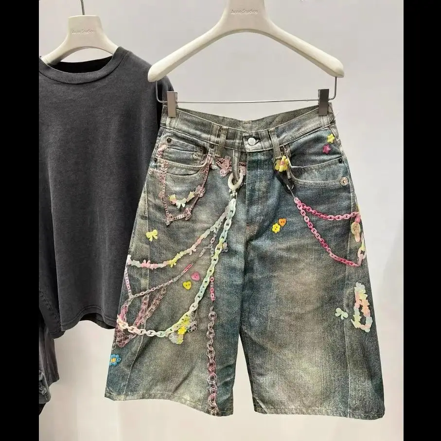 Unisex Wide Leg Straight Denim Shorts Capri Pants 3D Optical Illusion Candy Chain Print Cropped Jeans
