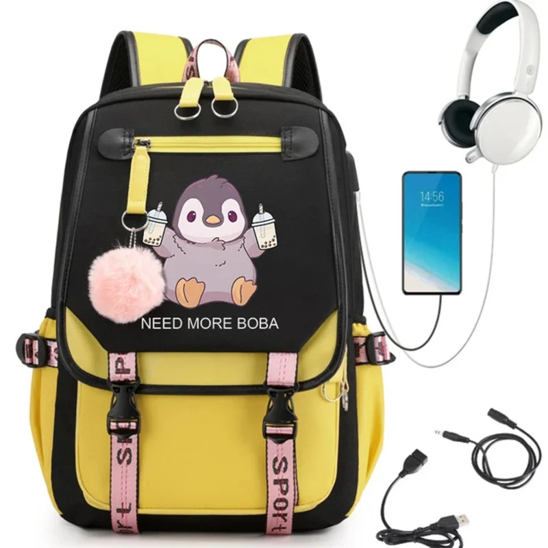 Zaino per ragazze Boba Pinguino Bubble Tea Anime Borse da scuola carine per studenti Adolescenti Tasche per ragazze Zaino per laptop da donna Borsa Harajuku