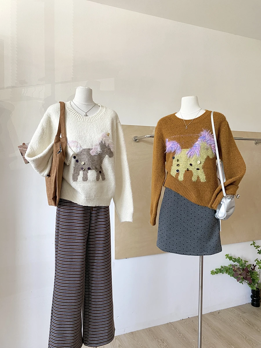 

Cute Cartoon Women's Loose Knitted Sweater Autumn Winter Versatile Lazy Animal Pattern Anti-Aging Korean Style Top