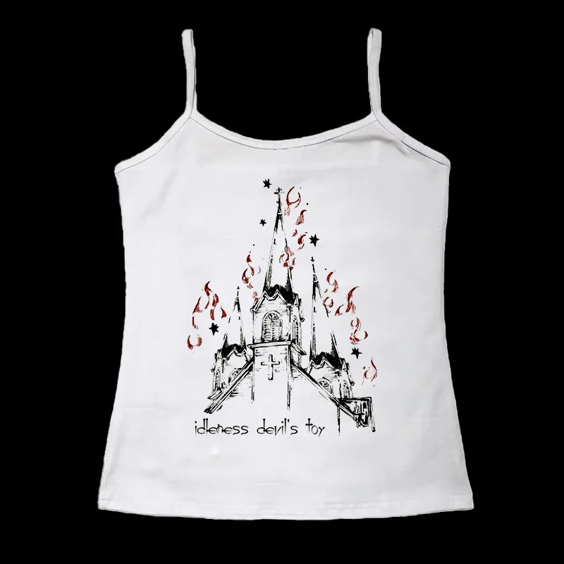 Gothic Burning Church Graphic Print Cami Tank Top Women Spaghetti Strap Slim Y2K Dark Aesthetic Summer Streetwear Vest