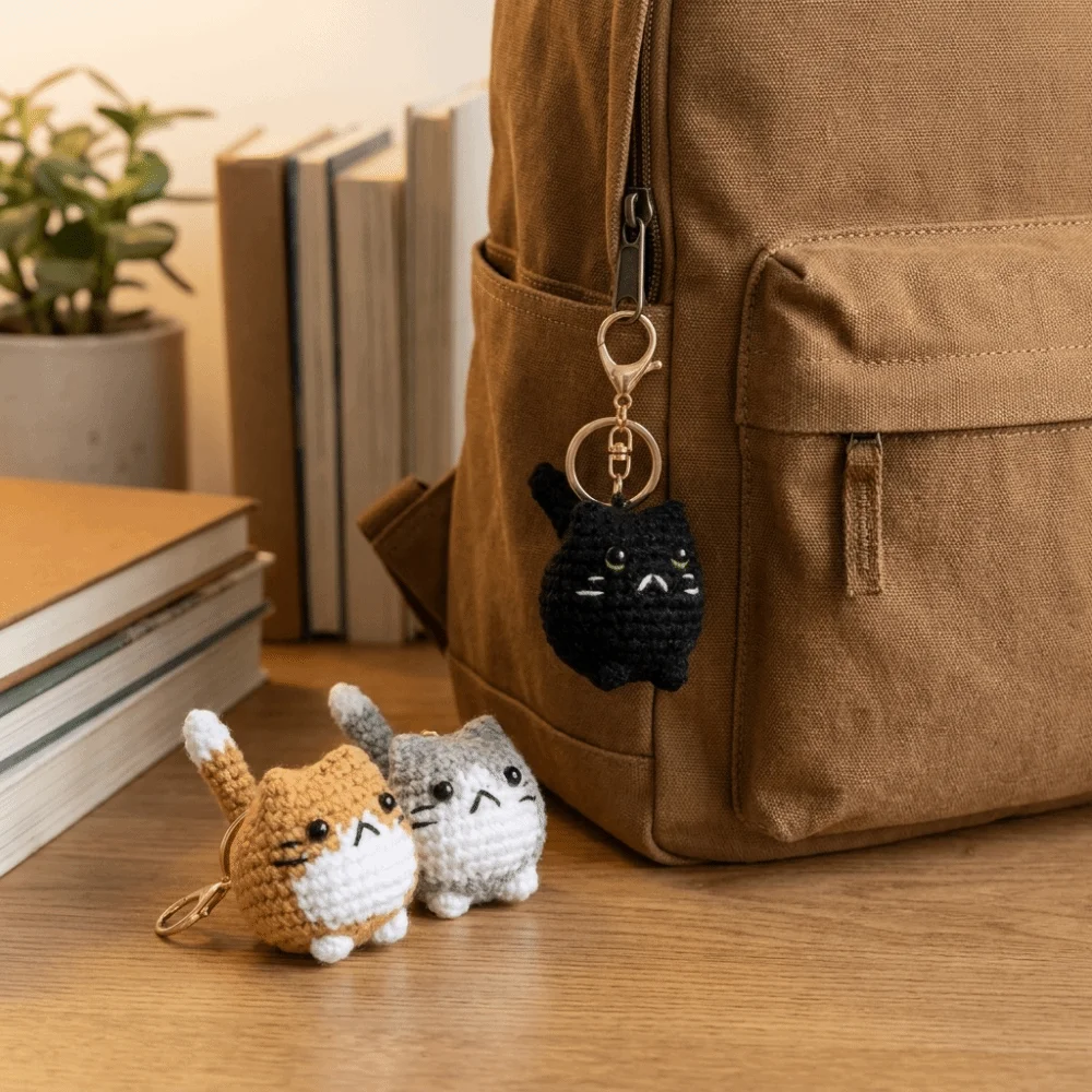 Creative Cartoon Crochet Kitten Keyrings Multi-color Mini Knitted Cat Keychain Handmaking Cat Crochet Keychain for Bag Pendant