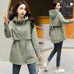 Autumn Hooded Adjustable Waist Jacket Women Korean Fashion Mid-Length Windbreaker Coat Female Casual Zipper Loose Overcoat W196