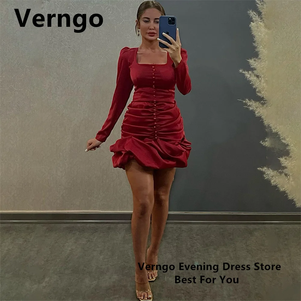 

Verngo Red/Black Velvet Mini Party Dress Women Square Collar Full Sleeves Short Prom Gowns Simple Mermaid Formal Dress Outfit