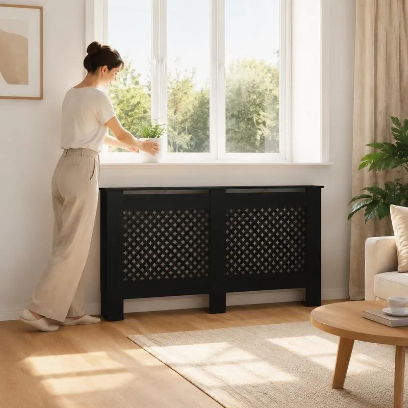 Revêtement pour radiateur en MDF noir 152 x 19 x 81,5 cm, style nordique moderne pour couloirs, salons spacieux et zones de travail dans les appartements urbains et les maisons familiales