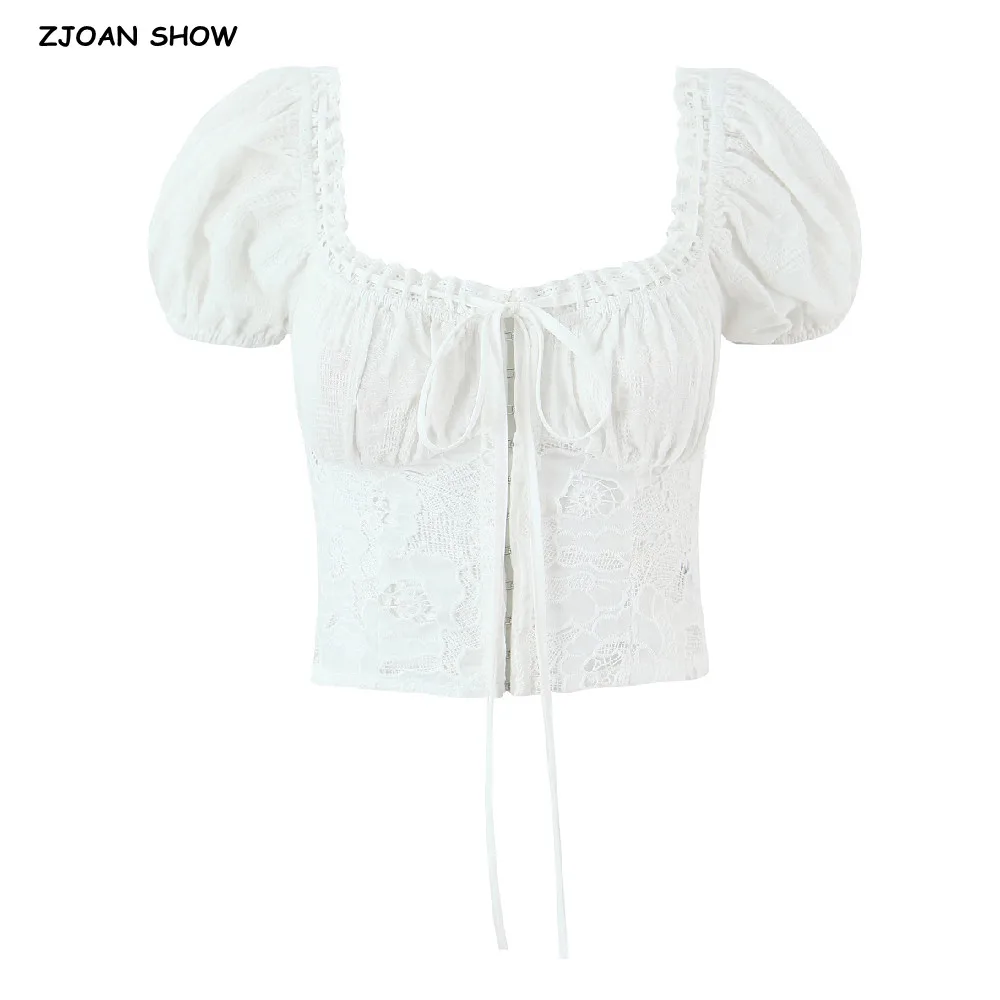 Holiday White Drawstring Lacing Up Bow Ruched Chest Spliced Lace Short Puff Sleeve Shirt Women Hook Buttons Crop Tops Tanks