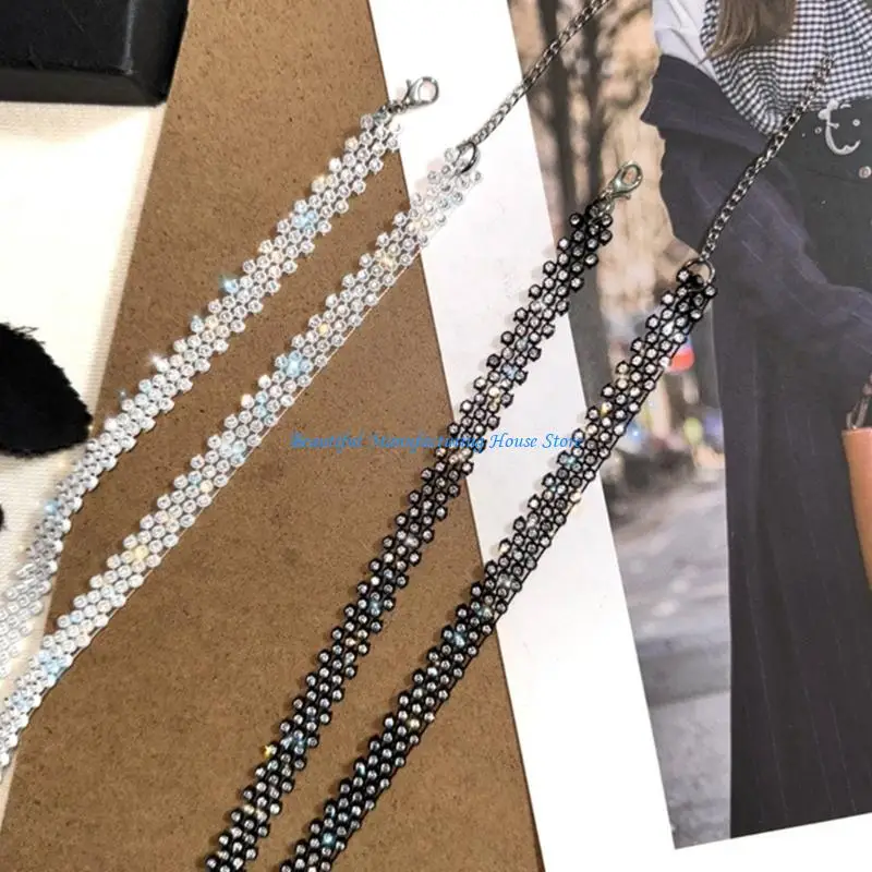 

E56A Adjustable Rhinestones Necklace Tie Luxury Crystal Choker for Women's Formal and Casual Occasion