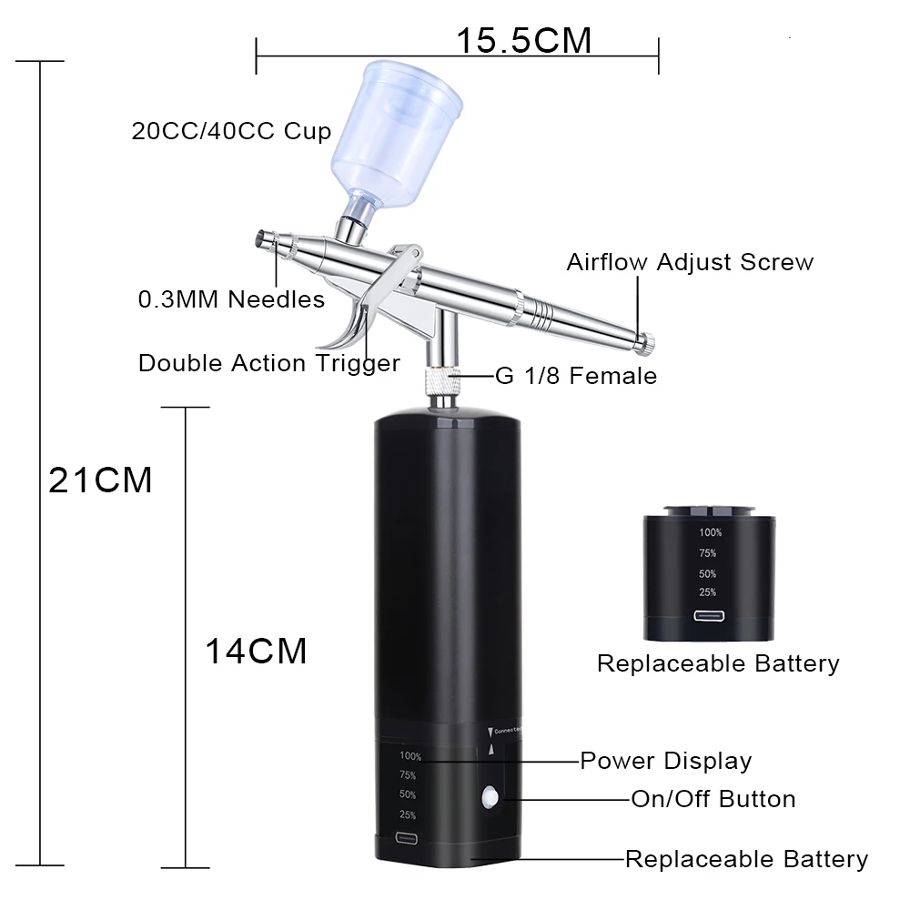 TM100-116W Cordless Airbrush Air Rechargeable Compressor Makeup Kit Nail Art Car Super Quiet Replace Battery Pneumatic Tool